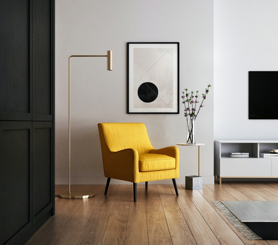 A bright living room with a yellow armchair