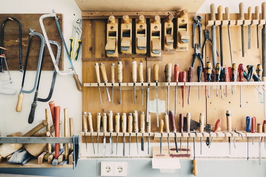 A workshop wall of hand tools